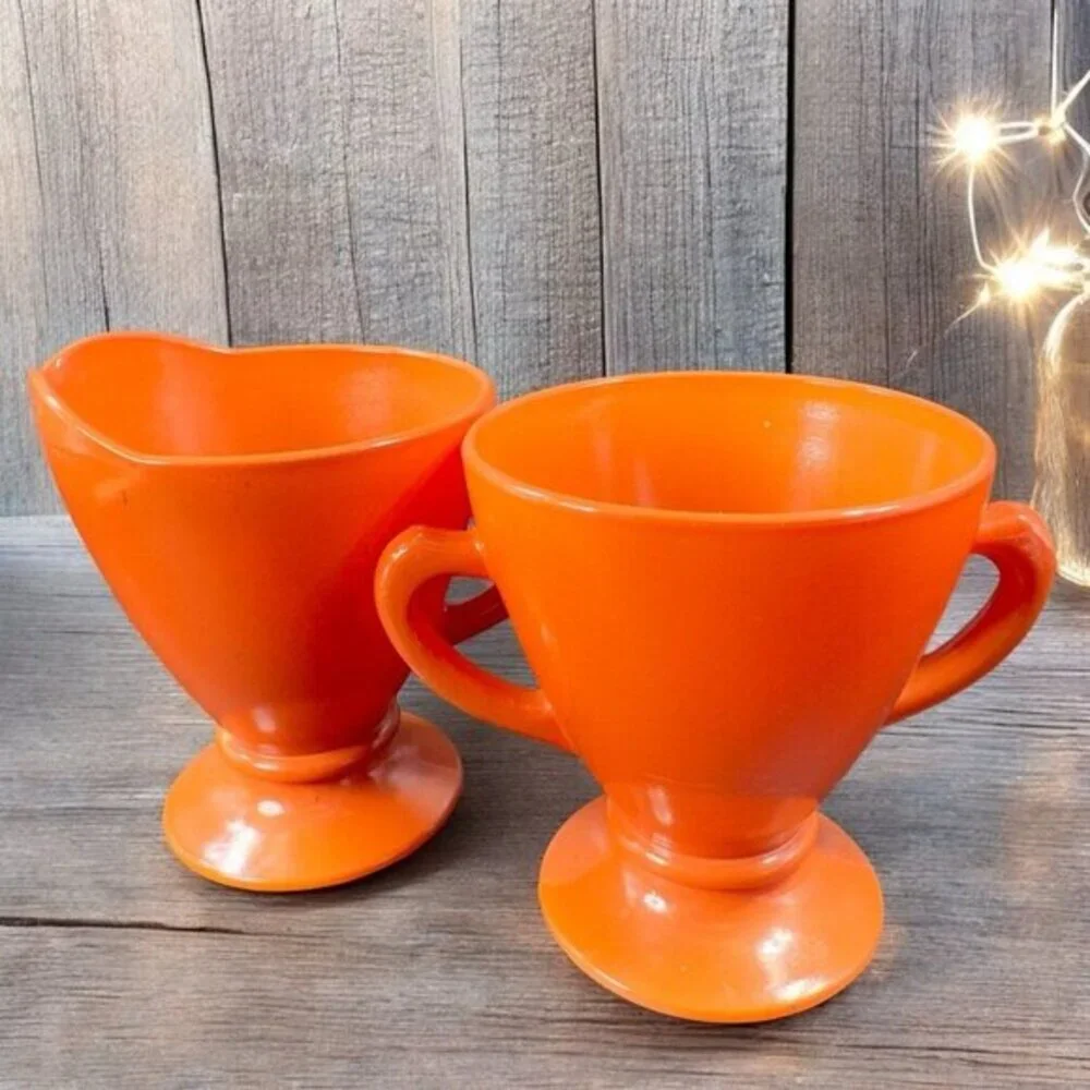 Vintage Hazel Atlas Glass Sugar And Creamer Set Marked‎ Kitchenware Orange Glaze